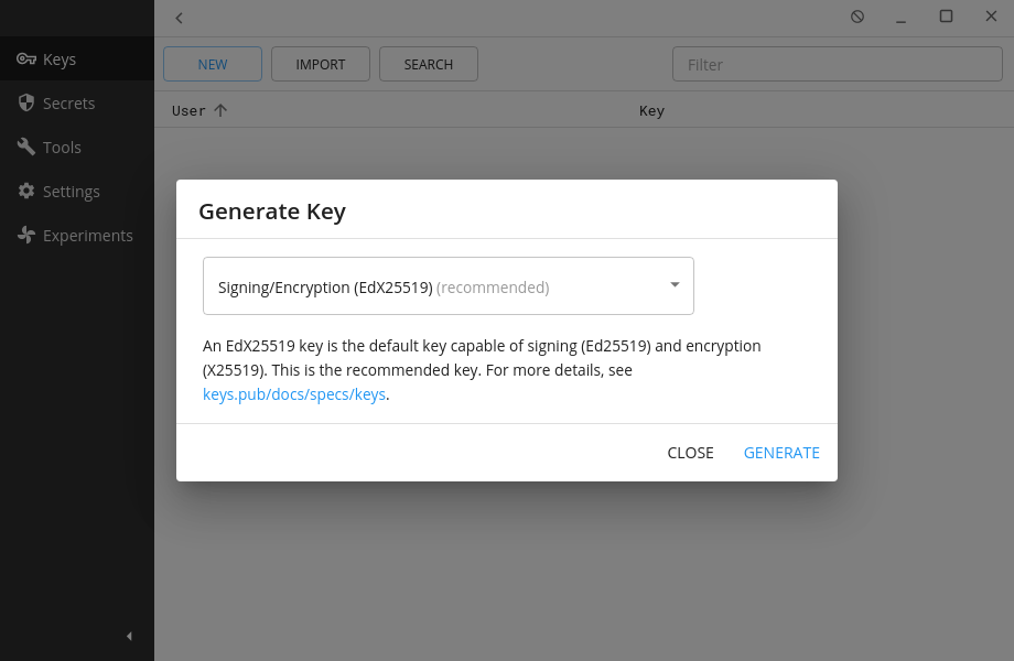 Key generation choice screen